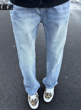 浅蓝色水洗直筒牛仔裤男款中腰弹力修身显瘦裤子潮牌痞帅窄版长裤