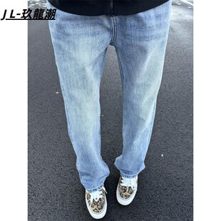 男款 长裤 中腰弹力修身 子潮牌痞帅窄版 显瘦裤 浅蓝色水洗直筒牛仔裤