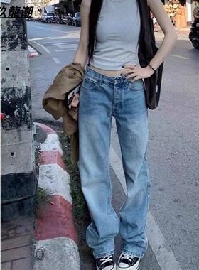 高弹力牛仔裤春秋美式潮流直筒蓝色裤子男女情侣cleanfit高街长裤