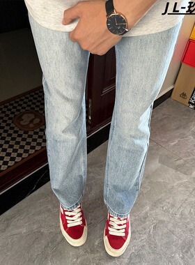 浅蓝色直筒牛仔裤男春秋四季美式高街vibe窄版中腰显瘦弹力长裤男