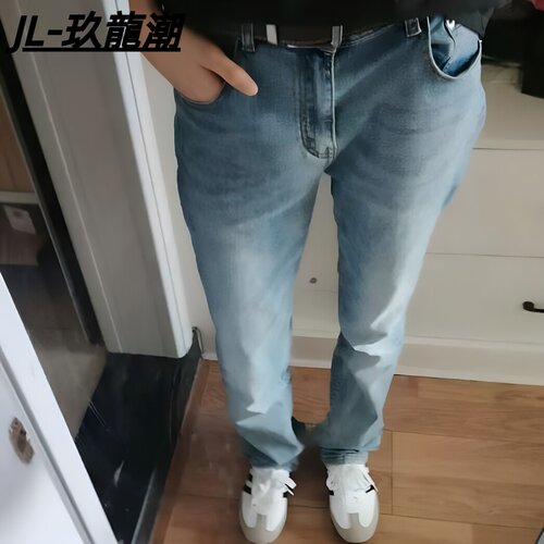 水洗浅蓝色牛仔裤男春秋修身显瘦高街裤子中腰窄版弹力直筒长裤男
