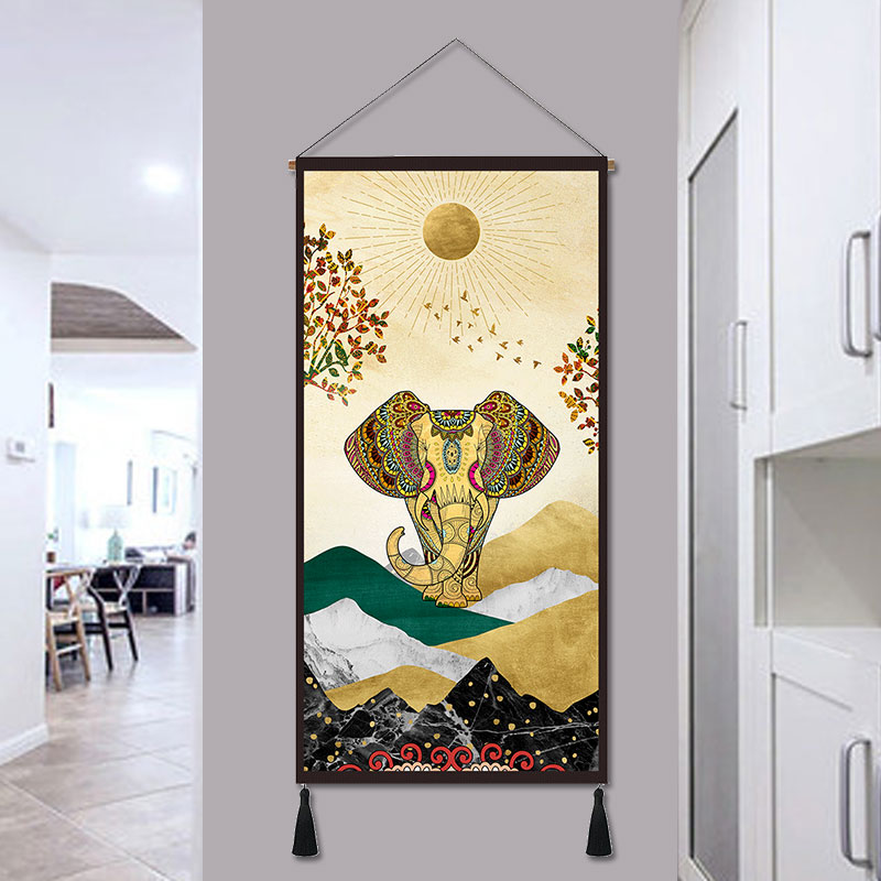 复古房间挂画布艺发财树挂布玄关壁毯大象挂毯民宿装饰画书房壁挂图片