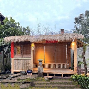 茅草亭茶室庭院别墅园室外围炉煮茶露台民宿茶室农村小院造景