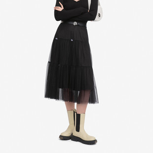 L271时髦钉花网纱中长裙法式 优雅浪漫超仙女轻柔细褶蛋糕半身裙子