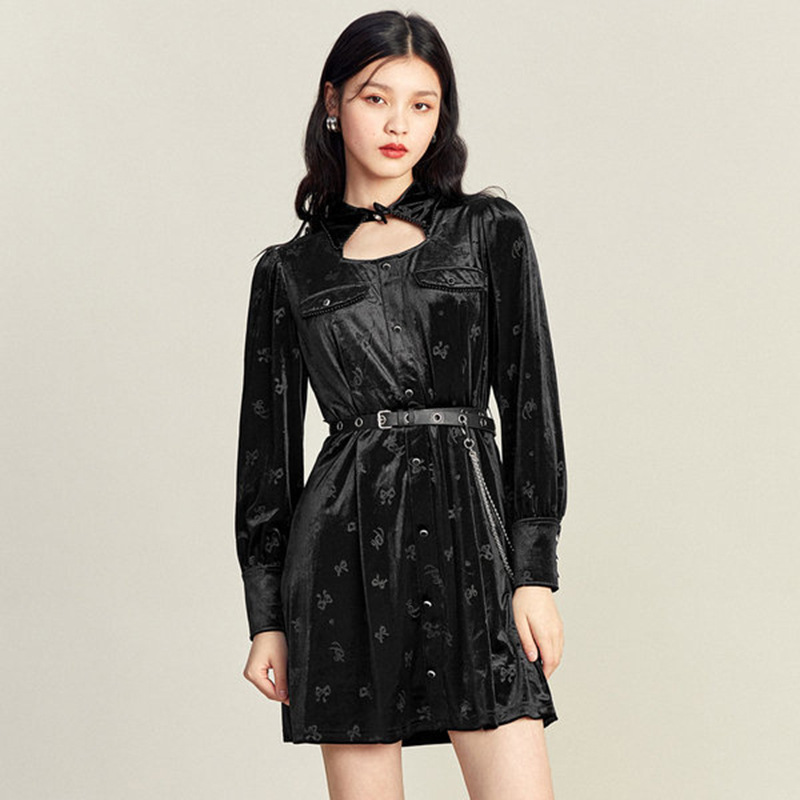 透气收腰黑暗花蝴蝶结印花连衣裙