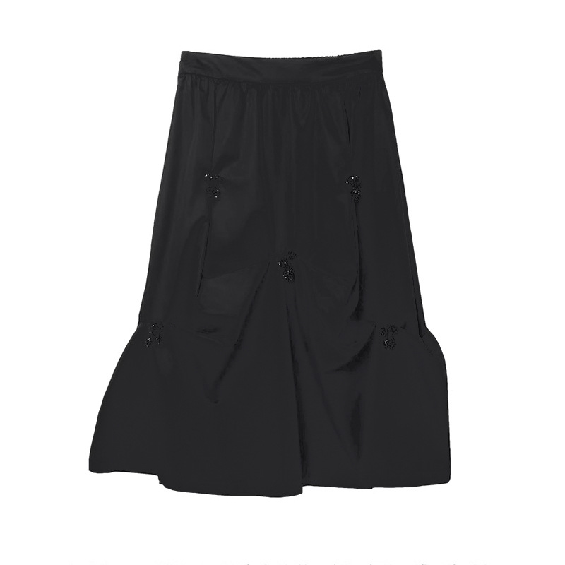 剪牌黑色休闲高腰蝴蝶结捏褶长裙