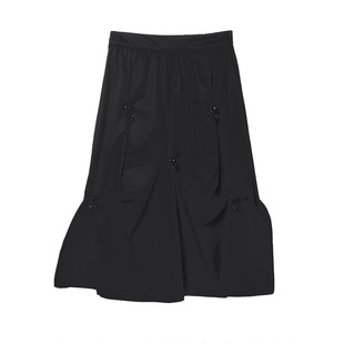 长款 夏季 黑色休闲高腰蝴蝶结捏褶长裙Z632 女裙 撒柜剪牌款