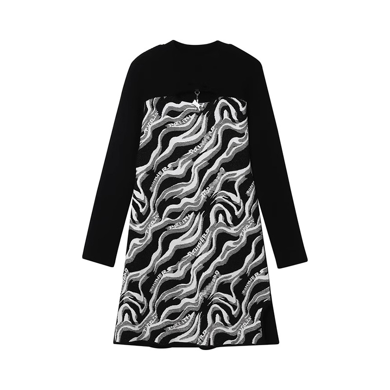 【鸟】撒柜拼色提花纹样连衣裙