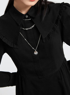 剪牌 春秋纯棉黑色大翻领透气亲肤裙子休闲套头双翻领连衣裙 L250