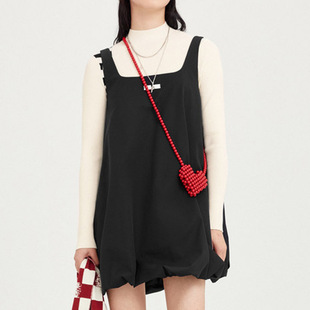 鸟 黑色背带灯笼连衣裙 家撒柜剪牌女款 休闲透气无袖 L249 夏季