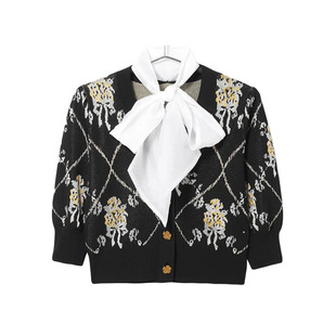 线开衫 专柜撒柜剪牌女装 外套蝴蝶领泡泡袖 穿搭针织开衫 L464 秋装