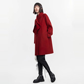 酒红色羊毛大衣女上衣呢子外套气质交叠围巾大衣L064 太系列撒柜