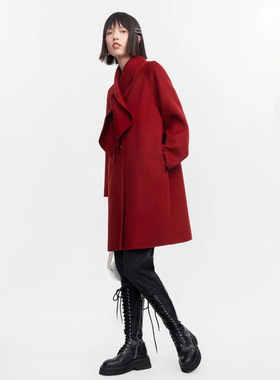 酒红色羊毛大衣女上衣呢子外套气质交叠围巾大衣L064 太系列撒柜