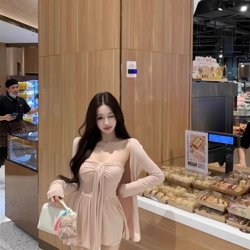 慵懒宽松粉色长袖防晒开衫女夏季套装纯欲飘带抹胸背心上衣两件套