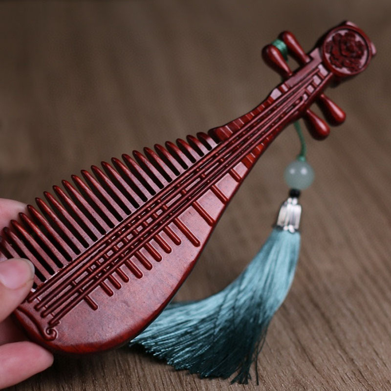 紫檀木梳子古风雕花琵琶木梳家用日常配流苏中式客厅小摆件工艺品