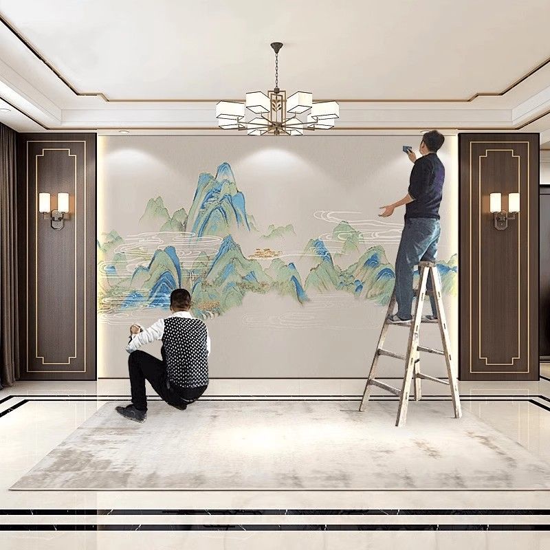 千里江山图水墨画刺绣墙布新中式山水客厅背景墙卧室床头壁纸壁布