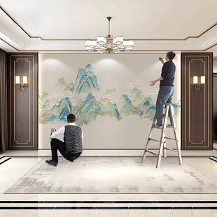 千里江山图水墨画刺绣墙布新中式山水客厅背景墙卧室床头壁纸壁布
