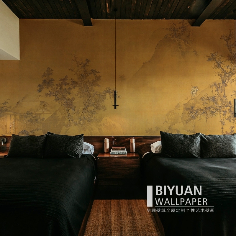 壁画定制中式山水电视背景墙壁纸中古风客厅卧室床头装饰墙纸墙布