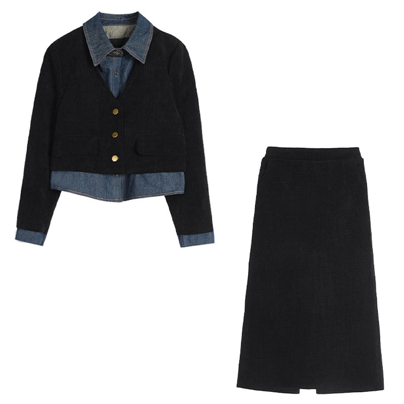 桂儿竹节牛仔欧棉绒高级两件套!假两件上衣灯芯绒半身裙套装