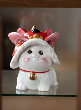 创意可爱小猫咪摆件国潮醒狮陶瓷家居客厅桌面装饰品车载生日礼物