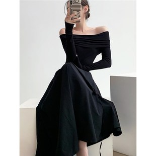 高级感春秋长袖绝美锁骨一字肩长裙茶系黑色生日小礼服女连衣裙