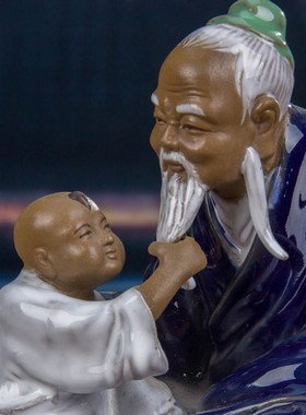 包邮石湾陶瓷公仔家居书房客厅玄关工艺品假山盆景流水摆件爷孙乐