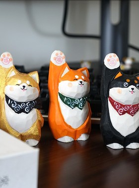 招福柴犬手工木雕小摆件招财猫咪治愈系动物办公室工位装饰礼物