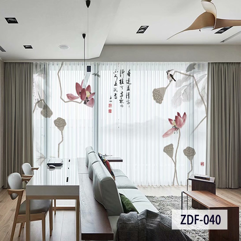 新中式客厅窗纱书房阳台水墨荷花窗帘定制透光不透人中国风纱帘