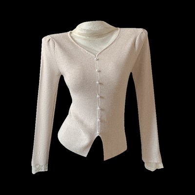 设计感V领蕾丝打底衫女装2025春季新款白色毛衣内搭修身针织上衣