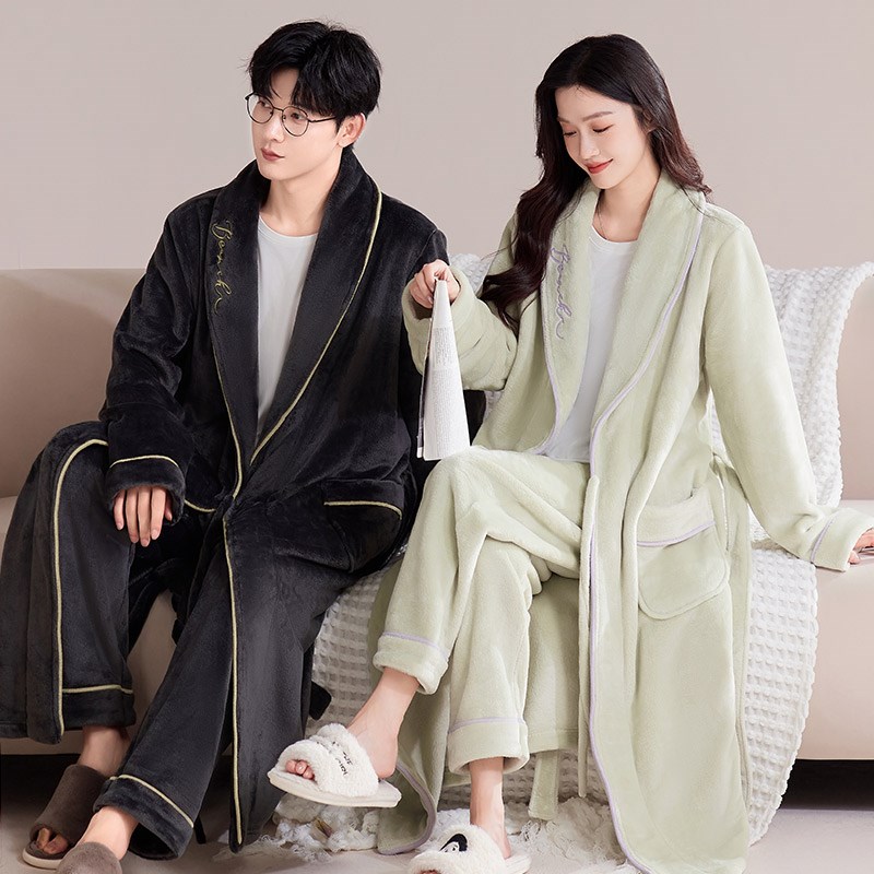 情侣睡袍女款秋冬季加长加厚珊瑚绒家居服男士浴袍法兰绒长袍冬天