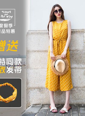 黄色连体裤女夏高腰波点海边度假套装波西米亚裙裤泰国无袖连衣裤