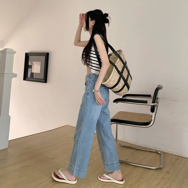 小个子裤子150八分浅色牛仔阔腿裤女春夏宽松显高145xs九分直筒裤