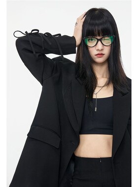 SeeU喜尤设计感黑色休闲西装外套女蝴蝶结西装宽松百搭显瘦西服女