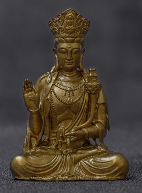 天冠弥勒菩萨佛像体摆件家用小巧茶宠纯黄铜像随身佛茶空间装饰品