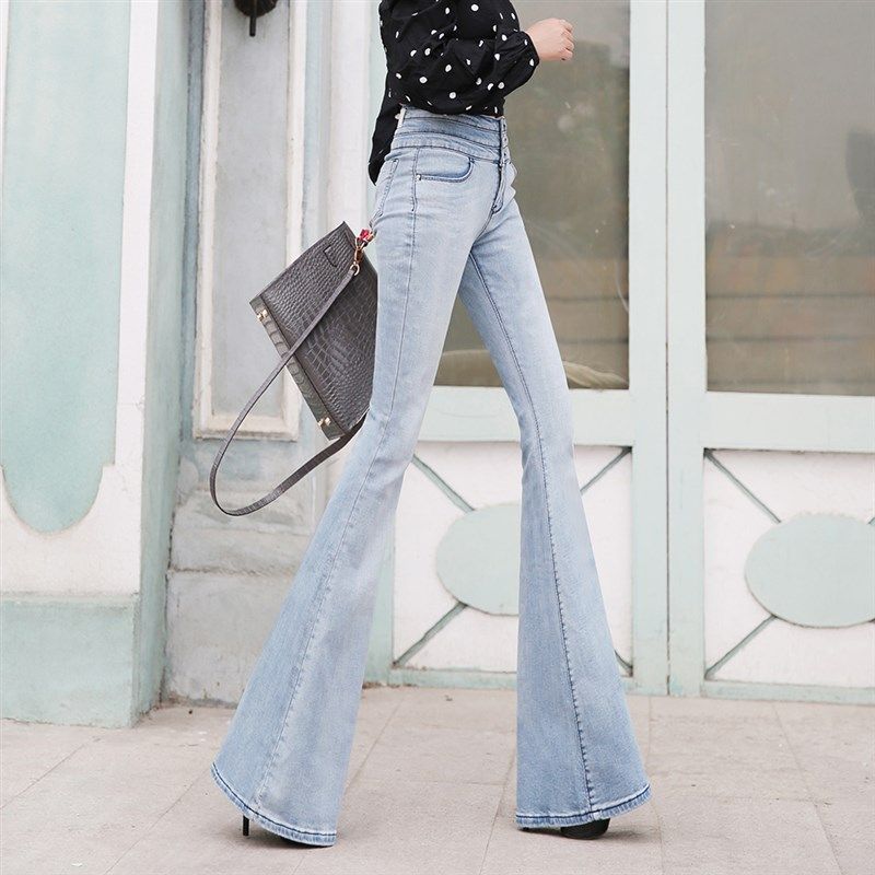 音率新款高腰提臀收腹腰显瘦大喇叭牛仔裤黑蓝色弹力加长阔腿女裤