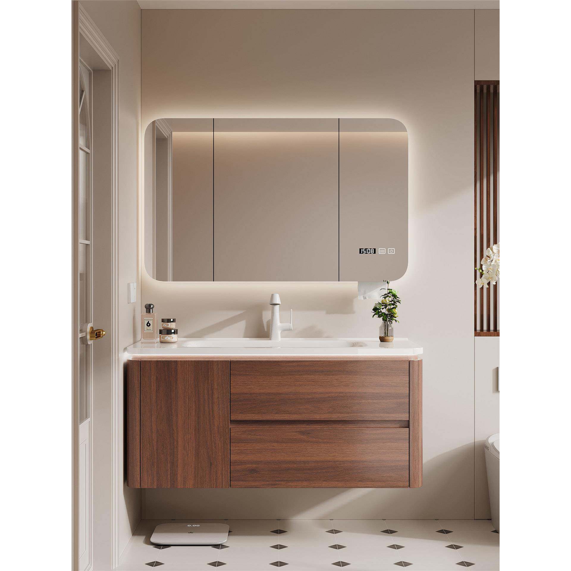 中古风胡桃色实木浴室柜组合陶瓷一体盆卫生间洗漱台智能镜柜组合