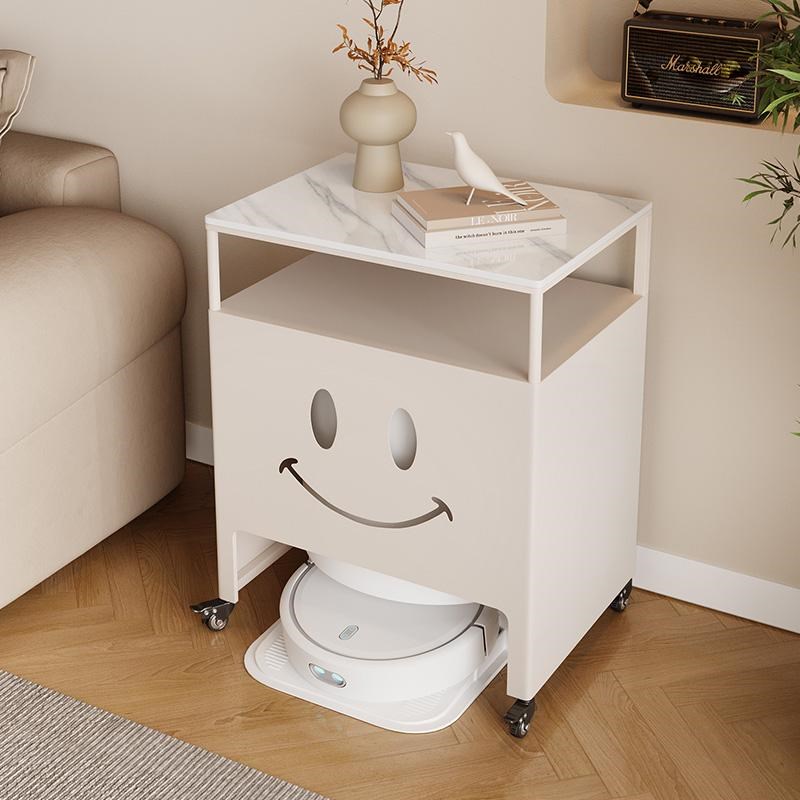 奶油风岩板扫地机器人上方置物架基站柜带轮子扫地机边几鱼缸柜子