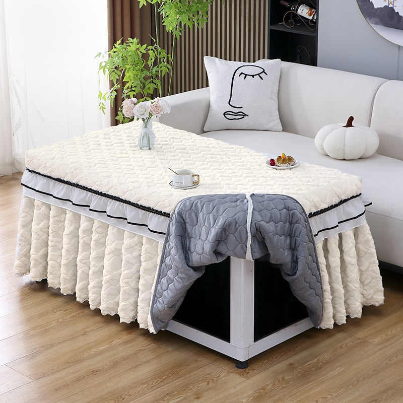 烤火桌罩冬季加厚塔芙绒裙摆式电取暖炉套奶油风长方形茶几取暖套