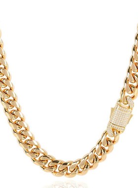 欧美跨境锆石弹簧扣钛钢项链饰品不锈钢古巴链男士嘻哈项链