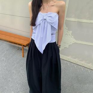 条纹抹胸背心外 2025新款 ins欧美风夏季 新款 学院甜美大蝴蝶结短款