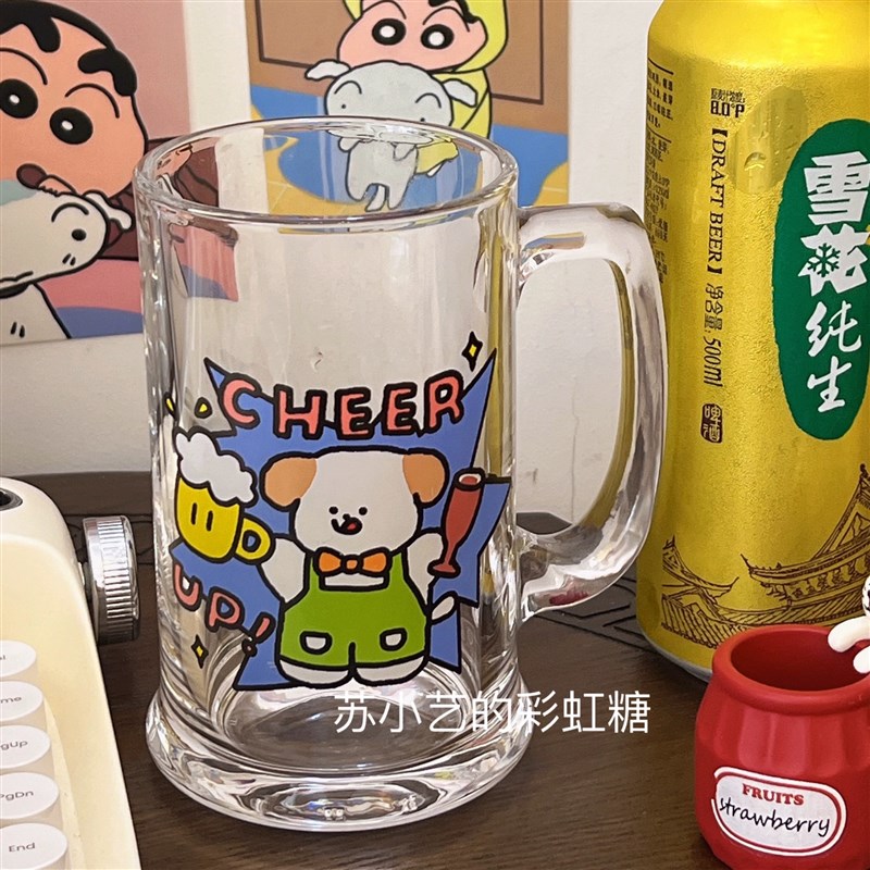 原创设计师款 小狗喝啤酒饮料杯大容量玻璃杯可爱水杯卡通杯子