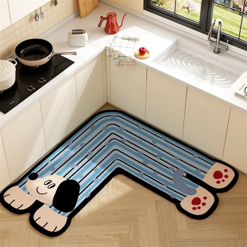 蓝色小狗转角厨房垫硅藻泥L型一体式厨房地垫多巴胺异形吸水脚垫