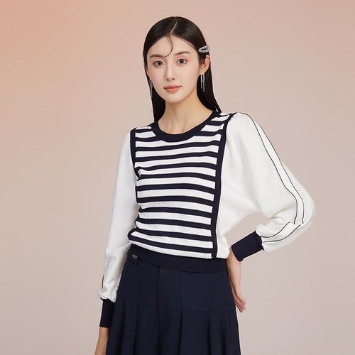 SOMSOM/索玛假两件圆领条纹针织衫女高级感春秋季长袖打底衫上衣