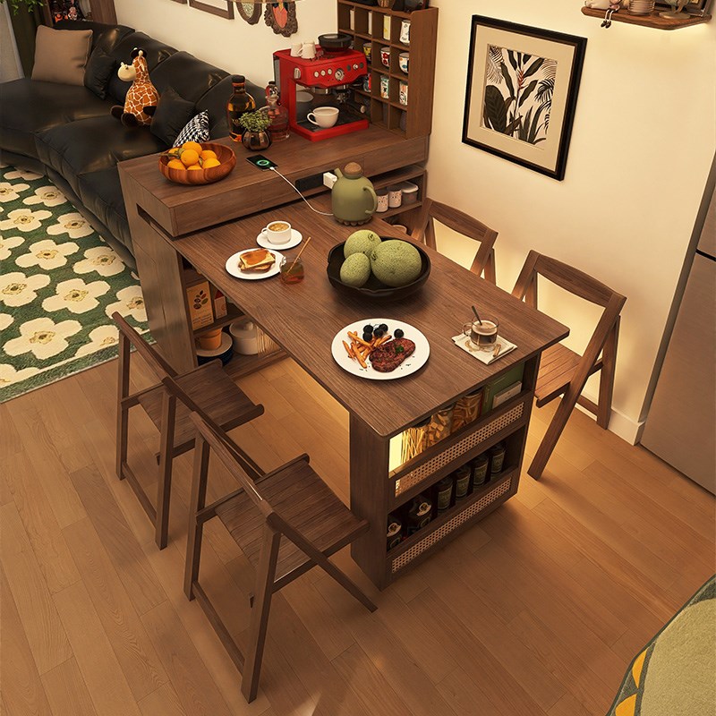 中古风旋转岛台餐桌一体可伸缩小户型实木胡桃色餐边柜吧台桌子