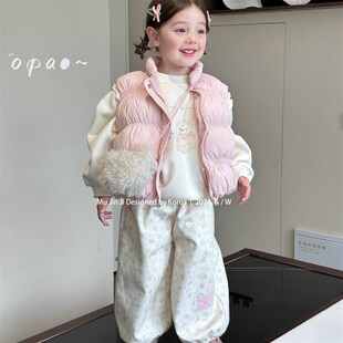 2024女童冬季洋气粉色甜美棉马甲卡通加绒卫衣碎花加绒裤子套装潮