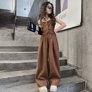 西部牛仔女童夏季街舞套装女孩咖色吊带马甲背心儿童直筒裤两件套