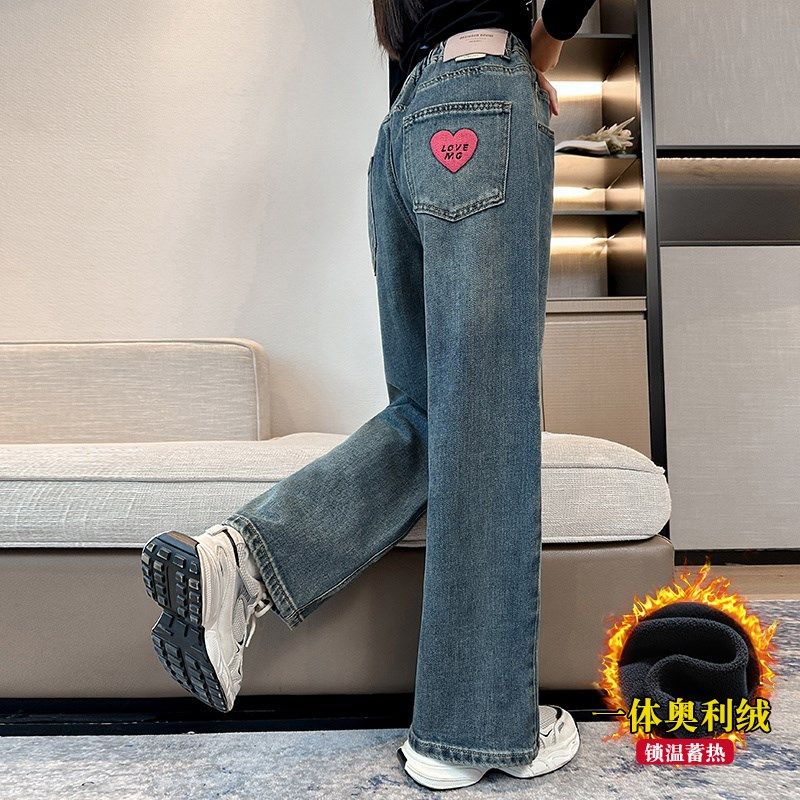 女童加绒牛仔裤秋冬2024新款冬装女孩冬季加厚窄版直筒裤儿童长裤