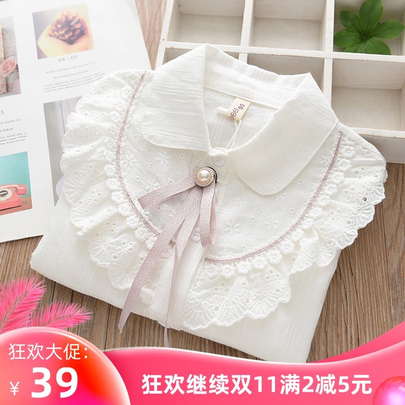 女童纯棉大翻领衬衫儿童花边翻领中大童打底衫白色上衣2021春装新,童装/婴儿装/亲子装,衬衫,淘宝优惠券,粉丝福利购,淘宝优惠卷