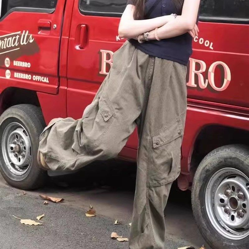 美式街舞嘻哈阔腿牛仔工装裤女夏季新款复古褶皱宽松显瘦直筒裤子,女装/女士精品,卫裤,淘宝优惠券,粉丝福利购,淘宝优惠卷