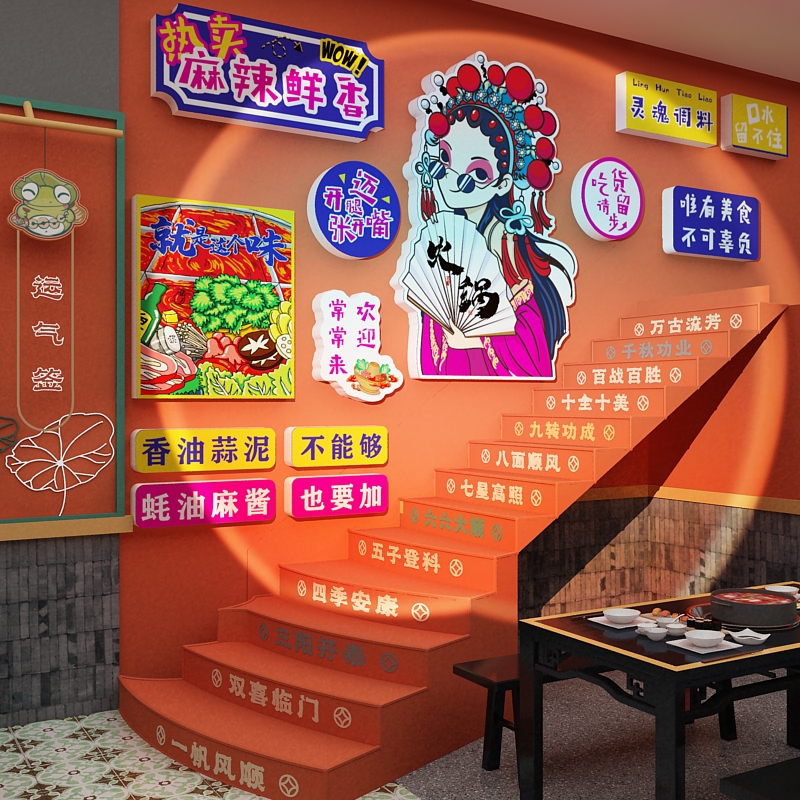 网红国潮风火锅店墙面装饰画创意旋转市井串餐饮饭店布置背景贴纸